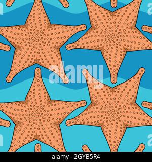 Motivo colore senza cuciture con stelle marine sullo sfondo delle onde del mare. Sfondo vettoriale estivo. Illustrazione Vettoriale