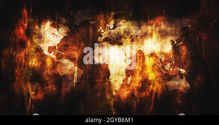 Mappa del mondo che brucia in fuoco e fiamme 3D rendering Foto Stock