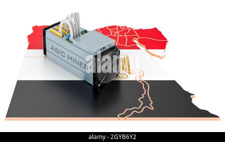 Estrazione in Egitto, concetto. Minatore ASIC con mappa egiziana. Rendering 3D isolato su sfondo bianco Foto Stock