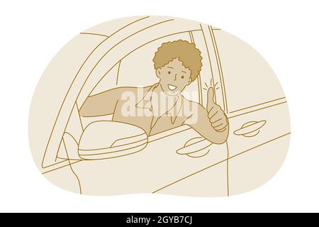 Acquisto di auto nuove, buon proprietario del concetto di veicolo nuovo. Giovane uomo sorridente personaggio cartoon seduto in nuova auto bianca e mostrando pollici in su segno dopo pu Foto Stock