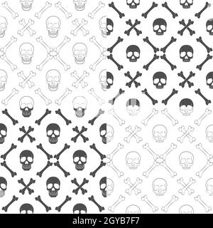 Set di pattern senza giunture con cranio e ossa. Sfondi vettoriali in bianco e nero. Illustrazione Vettoriale