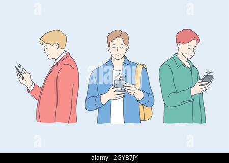 Comunicazione, tecnologia, media, concetto di amicizia. Uomini ragazzi adolescenti amici personaggi chattando insieme in social network con smartphone. In uscita Foto Stock