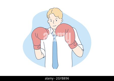 Concorrenza, rivale, sfida, concetto aziendale. Giovane sicuro sorridente uomo d'affari cartone animato personaggio ufficio responsabile con guanti di boxe, lookin Foto Stock