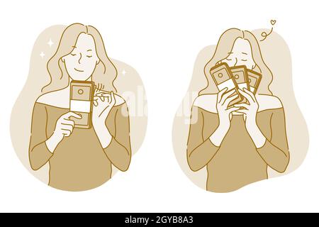 Money, wealth, jackpot concept. Young happy woman cartoon character holding stacks of cash currency in hands and smelling fresh bills fragrance, celeb Stock Photo