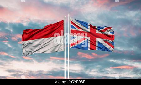 Bandiere della Gran Bretagna e dell'Indonesia che ondeggiano nel vento su flagpoli contro il cielo con le nuvole in giorno di sole. Simbolizzazione della relazione, Foto Stock