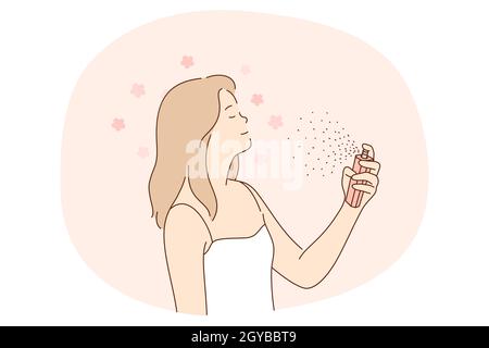 Bellezza, cosmetici, concetto di cura della pelle per la casa. Giovane donna sorridente personaggio cartoon utilizzando spray viso o profumo acqua per sentire fresco vettore Illustrat Foto Stock