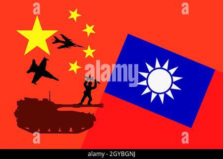 Bandiere di Cina e Taiwan. Immagine concettuale che raffigura la tensione tra i paesi e la minaccia dell'invasione della Cina. Foto Stock