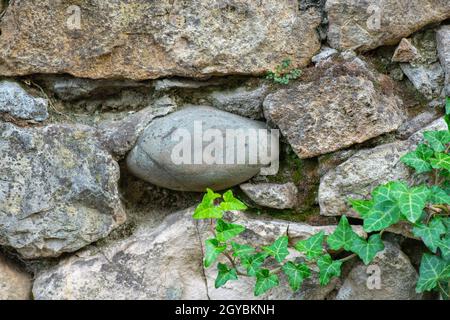 rovine di un muro di pietra in una chiesa Foto Stock