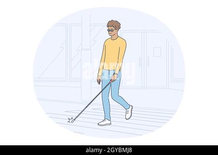 Concetto di cecità, disabilità, persone disabili. Giovane uomo cieco personaggio cartoon in vetri che attraversano la strada con bastone solo. Vivere con i disabiliti Foto Stock