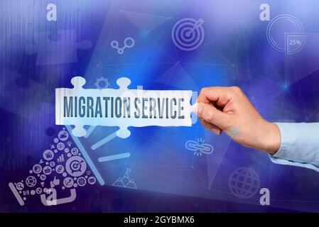 Didascalia di testo Presentazione di Migration Service, approccio aziendale spostamento dei dati aziendali a un provider di servizi cloud Hand Holding Jigsaw Puzzle Piece Unlo Foto Stock