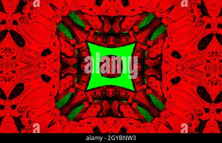 Sfondo astratto con ornamento rosso-verde. Modello Kaleidoscope per il design. Fiore rosso stilizzato su sfondo verde Foto Stock