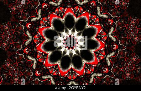 Sfondo di Kaleidoscope. Forme frattali astratte. Bella texture caleidoscopio satanico. Fantasy caotico motivo frattale colorato. Caleidoscopio unico Foto Stock