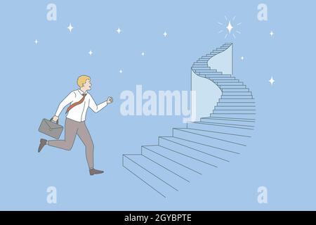 Opportunità e concetto di carriera aziendale. Giovane uomo d'affari sorridente con vestito che corre sulla scala cercando di ottenere al vettore superiore di successo di lavoro di affari malato Foto Stock