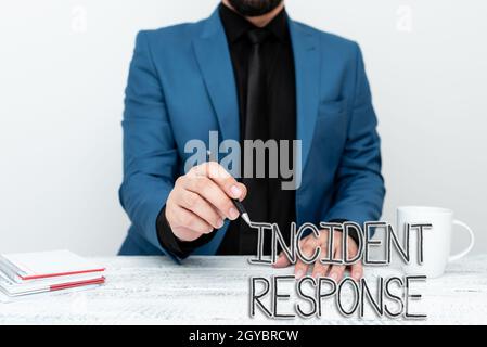 Testo che mostra Inspiration Incident Response, Internet Concept Addressing e la gestione delle conseguenze di una violazione della sicurezza che discute di importanti idee Pres Foto Stock