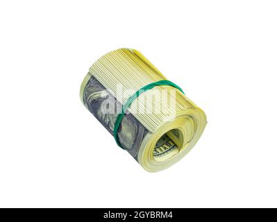 Un pacchetto di dollari americani in denaro rotolato in un rotolo. Denaro legato con una fascia elastica. Rotolo di dollari americani. Affari e finanza. Valuta e f Foto Stock