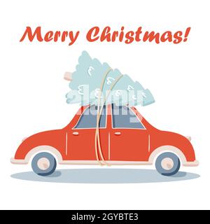 Flat vettore drive auto rossa con pino Natale albero di illustrazione doodle, buon Natale, idea per biglietto d'auguri, Wall art, t shirt, stampabili apostoli isolato su sfondo bianco Illustrazione Vettoriale