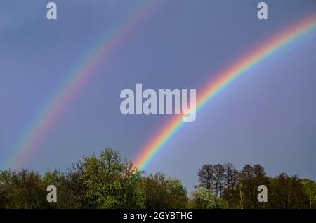 Due arcobaleni con nuvole di pioggia nel cielo. Arcobaleno colorato. Spettro di colori. Nuvole di pioggia. Cielo cupo. Corone di alberi verdi. Paesaggio naturale. Atmosferica Foto Stock