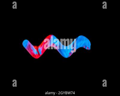 Illustrazione astratta in blu e rosso su sfondo nero. Tema spazio. Il ciclo. Esplosione di una stella spaziale. Punte e quadrati. Sfondo Foto Stock