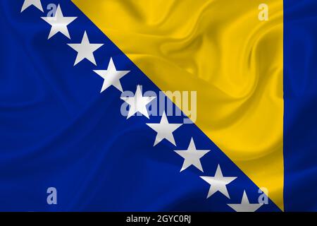 Bandiera 3D della Bosnia-Erzegovina su tessuto rugato. Foto Stock