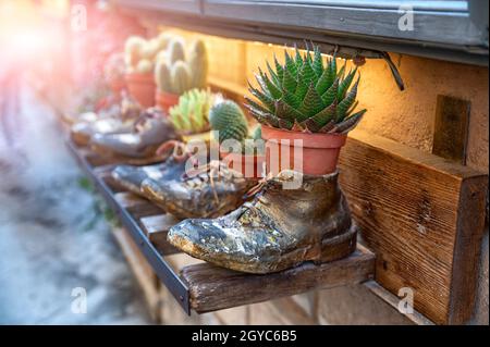 Montepulciano, toscana, Italia. Agosto 2020. Riprese su vecchie scarpe riutilizzate come portavaso originale e caratteristico, messa a fuoco selettiva. Foto Stock