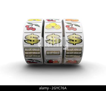 3D render di frutta di bobine della macchina che mostra jackpot linea vincente Foto Stock