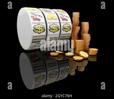 3D render di frutta di bobine della macchina con la pila di monete d'oro Foto Stock