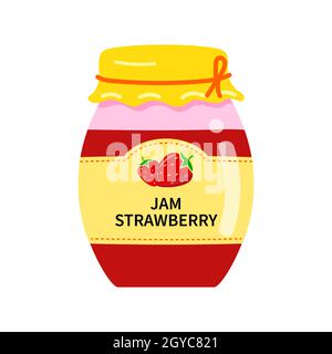 Vaso di vetro con marmellata di fragole fatta in casa. Etichettare con fragole su un vaso di confit. Illustrazione Vettoriale