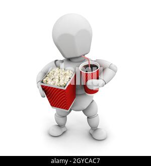 3D render di qualcuno con popcorn e una bevanda di soda Foto Stock