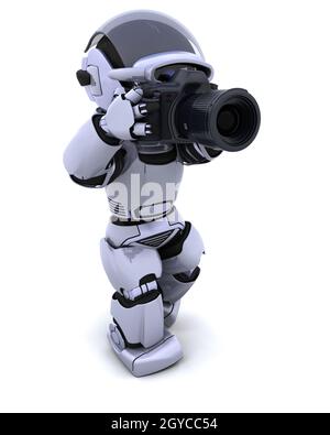 3D render di un robot con fotocamera reflex digitale Foto Stock