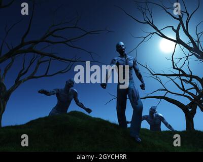 3D render di zombie che arriva su una collina di notte Foto Stock