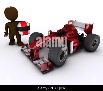 3D render di Morph uomo aperto con ruote auto racing Foto Stock