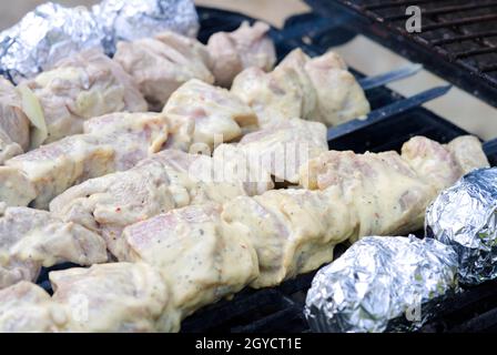 Grigliate di carne di barbecue. Gustoso carne di maiale su spiedini. Cibo per pic-nic. Foto Stock