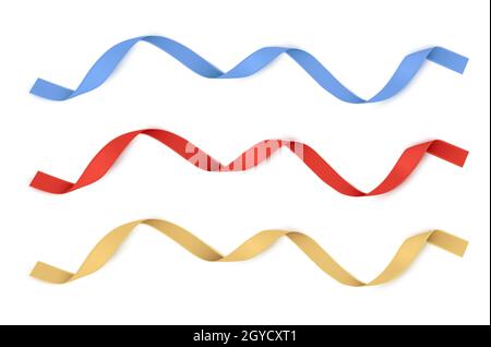Nastri rosso, oro e blu isolati. Decorazione vettoriale per carte regalo, per scatole regalo o striscioni Illustrazione Vettoriale
