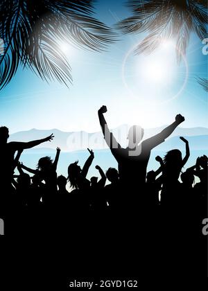 Silhouette di una folla di partito su un sfondo di estate Foto Stock