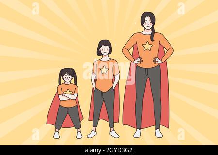 Felice infanzia e giocare superman concetto. Sorridenti madri felici e figlia in cappotti fingendo di essere supereroi a casa durante il gioco tog Foto Stock