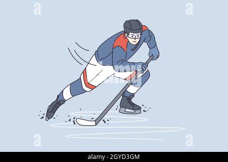 Concetto professionale di sport e stile di vita. Giovane giocatore di hockey personaggio cartoon scivolando su ghiaccio con bastone in sport uniforme illustrazione vettoriale Foto Stock