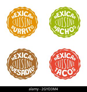 Distintivi messicani di fast food per un caffè o un ristorante fast food. Messico cucina burrito logo. Logotipo di piatto latino-americano nachos o nacho. Ristorante o ristorante insignia quesadilla e tacos o taco. Imposta Illustrazione Vettoriale