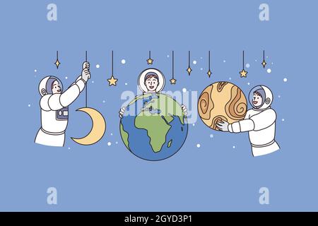 Lavorando come astronauta e concetto di universo. I giovani astronauti in uniforme che tiene pianeti e stelle che abbracciano l'illustrazione vettoriale dell'universo Foto Stock