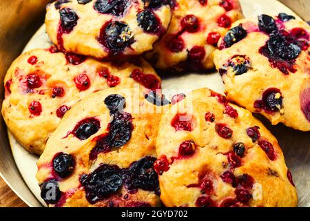 Frittelle di formaggio casolare appetitoso o scirniki con frutti di bosco estivi. Frittelle al curdo con ribes rosso e nero Foto Stock