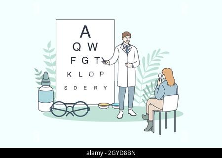 Oftalmologia e concetto oftalmologico. Giovane medico oftalmologista fare il test oculare utilizzando la tabella per seduta donna illustrazione vettoriale paziente Foto Stock