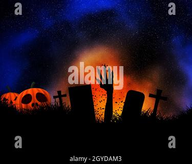 Sfondo di Halloween con mano zombie prorompente della terra e zucche Foto Stock