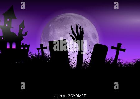 Sfondo di Halloween con mano zombie prorompente della terra Foto Stock