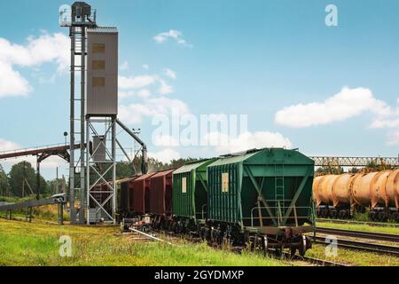 Carro ferroviario di carico in piedi vicino all'ascensore nella zona agricola. Grano silo, magazzino o deposito è una parte importante di raccolta Foto Stock