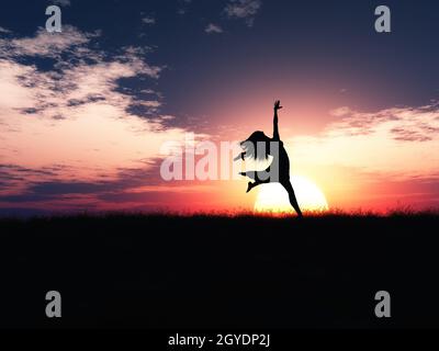 3D render di una femmina di salti di gioia contro un paesaggio al tramonto Foto Stock