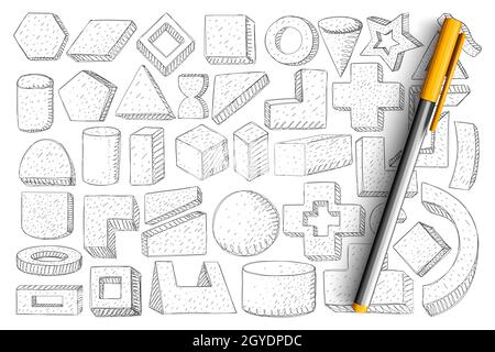 Forme geometriche e forme doodle set. Raccolta di cubi disegnati a mano, cerchi, archi, triangoli, croci e altre forme di geometria isolate su trasposizione Foto Stock