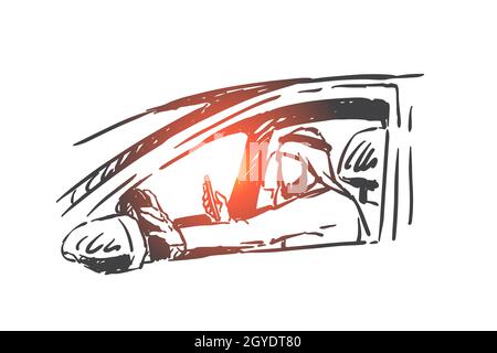 Uomo musulmano che guida auto, tenendo smartphone in mano concept sketch. Occupato uomo d'affari arabo ricco controllare messaggi e notifiche seduti in veicolo Foto Stock
