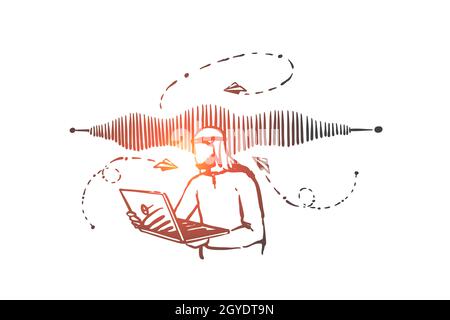 Disegno del concetto di videochiamata su Internet. Moderna tecnologia di comunicazione, conferenza online, conversazione aziendale, metafora della posta vocale, uomo d'affari arabo, Foto Stock
