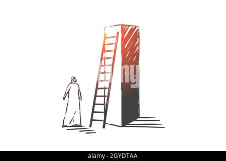Aspirazione aziendale, schizzo del concetto di opportunità. Ambizione imprenditoriale, metafora del raggiungimento degli obiettivi, uomo d’affari arabo, ambizioso imprenditore musulmano istituito Foto Stock