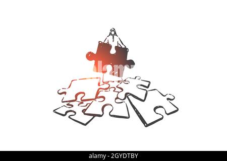 Risoluzione dei problemi, schizzo del concetto di sfida. Pianificazione aziendale, metafora dello sviluppo strategico, uomo d'affari arabo, imprenditore musulmano che tiene grande jigsaw Foto Stock