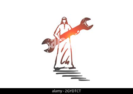 Disegno del concetto del servizio di supporto tecnico. Manutenzione professionale, metafora per la risoluzione dei problemi aziendali, uomo d'affari arabo con chiave, tecnico musulmano Foto Stock
